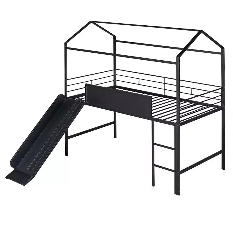 Lit mezzanine pour lit simple avec toboggan, lit cabane en métal avec toit, lit mezzanine bas avec tableau en bois inscriptible pour enfants et adolescents