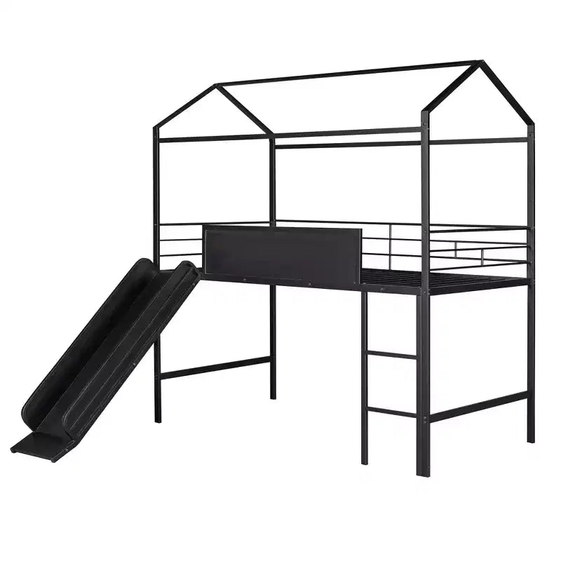 Lit mezzanine pour lit simple avec toboggan, lit cabane en métal avec toit, lit mezzanine bas avec tableau en bois inscriptible pour enfants et adolescents