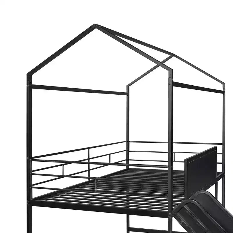 Lit mezzanine pour lit simple avec toboggan, lit cabane en métal avec toit, lit mezzanine bas avec tableau en bois inscriptible pour enfants et adolescents