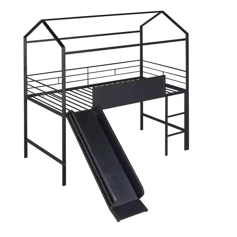 Lit mezzanine pour lit simple avec toboggan, lit cabane en métal avec toit, lit mezzanine bas avec tableau en bois inscriptible pour enfants et adolescents