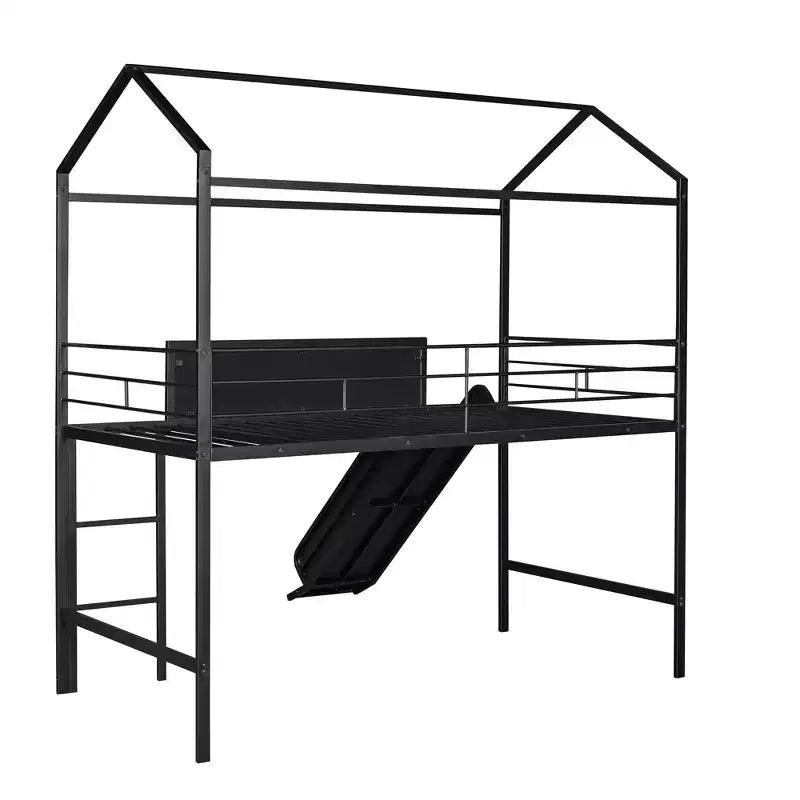 Lit mezzanine pour lit simple avec toboggan, lit cabane en métal avec toit, lit mezzanine bas avec tableau en bois inscriptible pour enfants et adolescents
