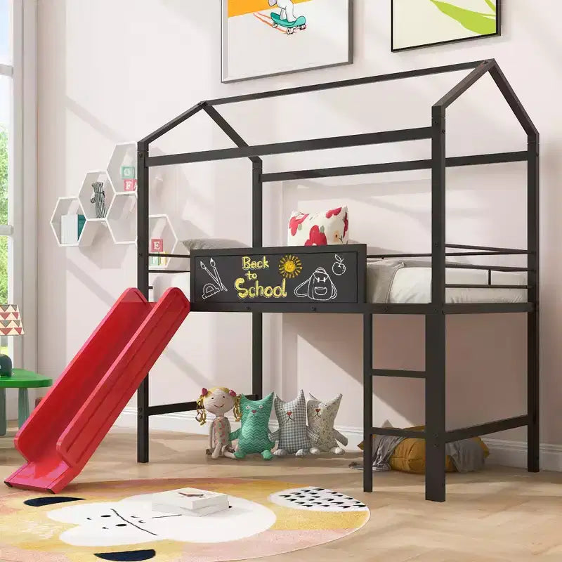 Lit mezzanine pour lit simple avec toboggan, lit cabane en métal avec toit, lit mezzanine bas avec tableau en bois inscriptible pour enfants et adolescents