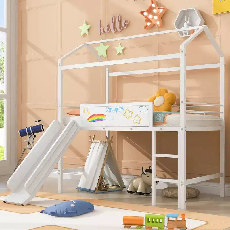 Lit mezzanine pour lit simple avec toboggan, lit cabane en métal avec toit, lit mezzanine bas avec tableau en bois inscriptible pour enfants et adolescents