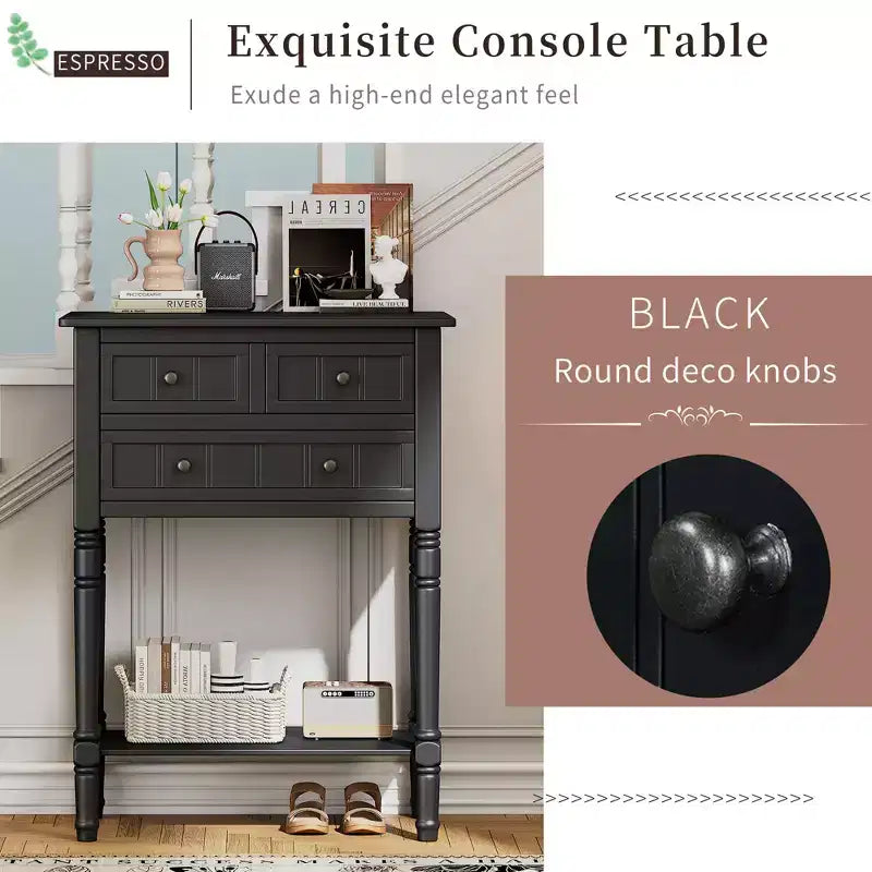 Table console en bois massif avec tiroirs de rangement et étagère inférieure