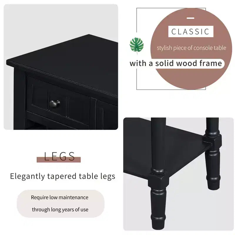 Table console en bois massif avec tiroirs de rangement et étagère inférieure