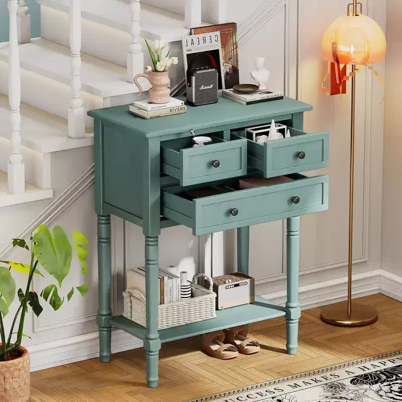 Table console en bois massif avec tiroirs de rangement et étagère inférieure