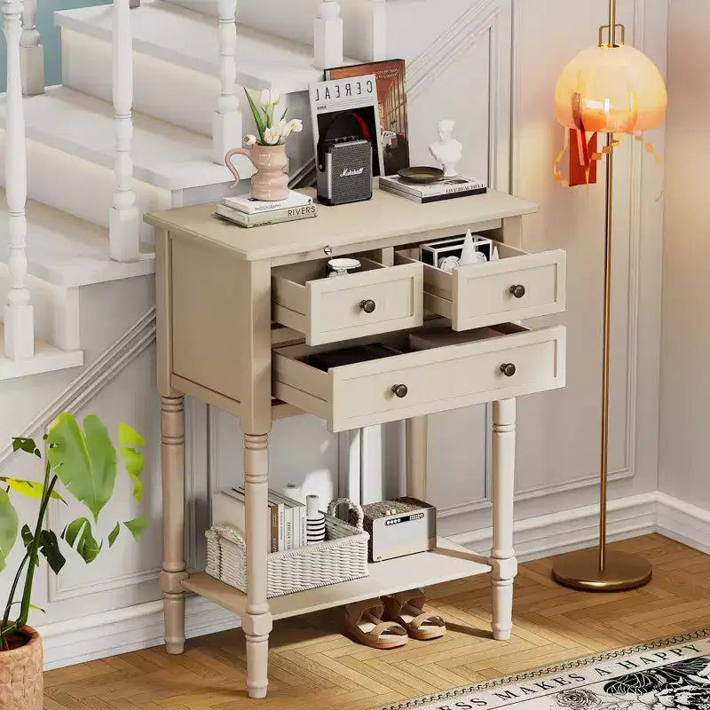 Mesa consola de madera maciza con cajones de almacenamiento y estante inferior
