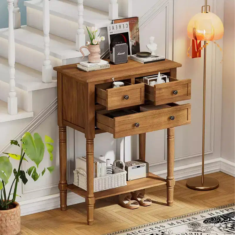 Table console en bois massif avec tiroirs de rangement et étagère inférieure
