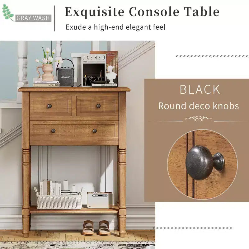 Table console en bois massif avec tiroirs de rangement et étagère inférieure
