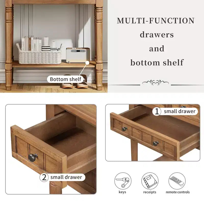 Table console en bois massif avec tiroirs de rangement et étagère inférieure