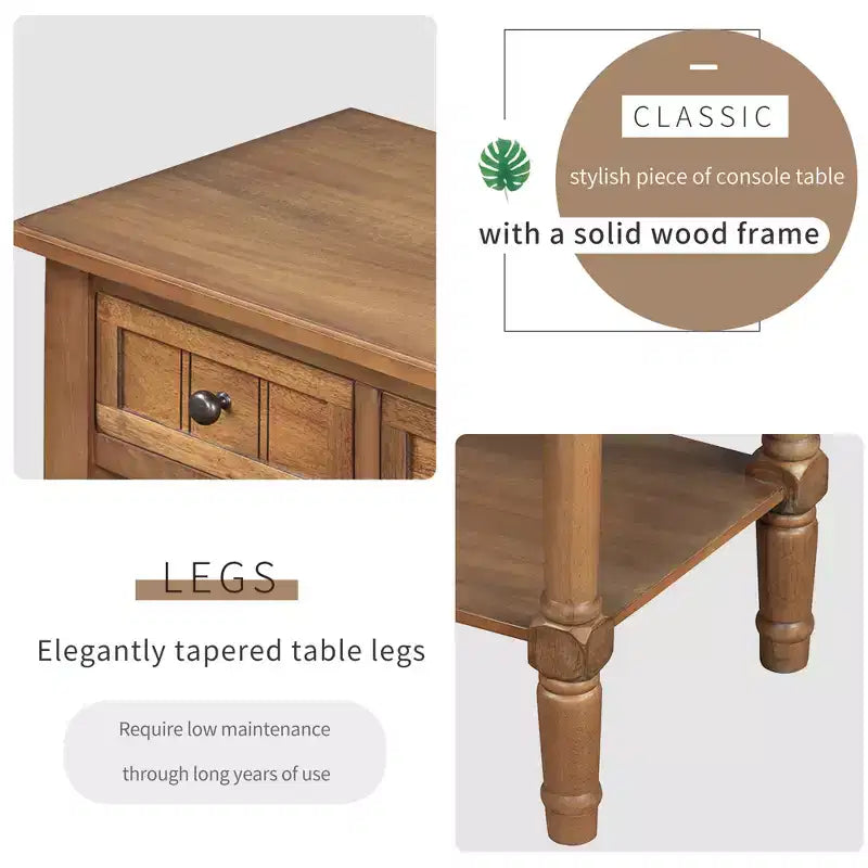 Table console en bois massif avec tiroirs de rangement et étagère inférieure