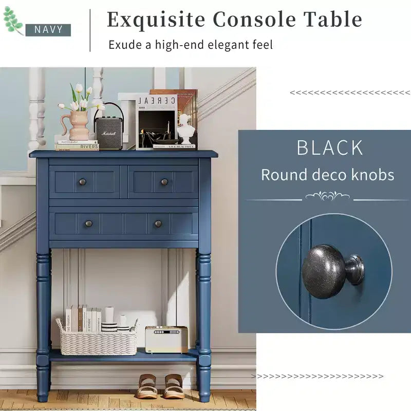 Table console en bois massif avec tiroirs de rangement et étagère inférieure