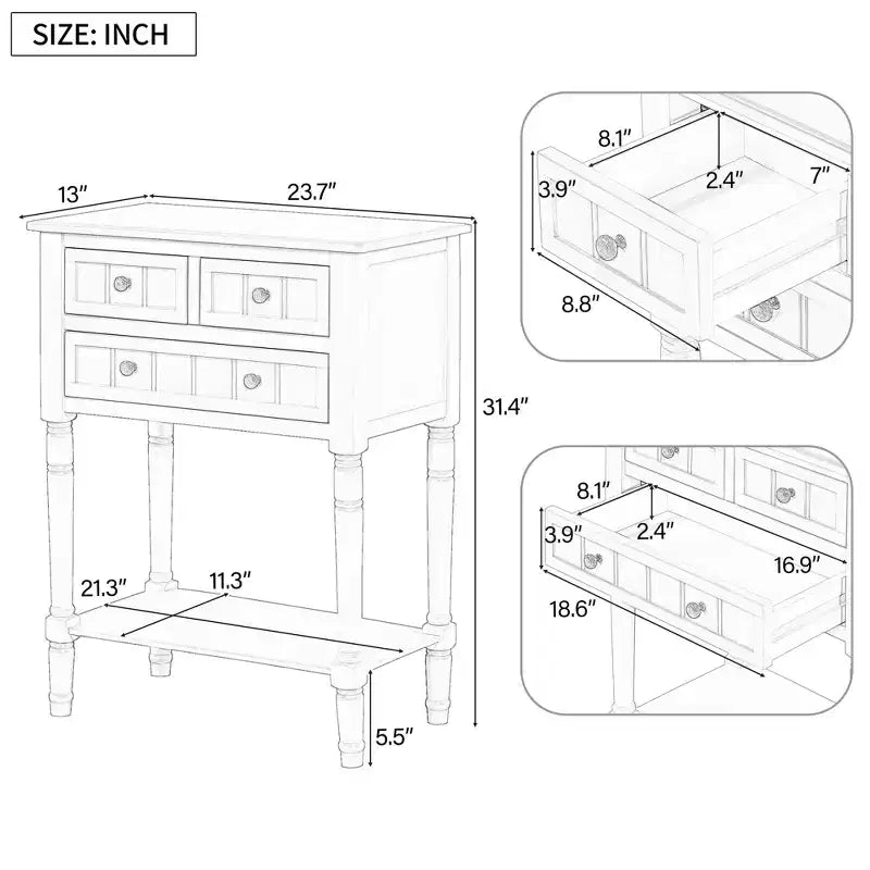 Table console en bois massif avec tiroirs de rangement et étagère inférieure