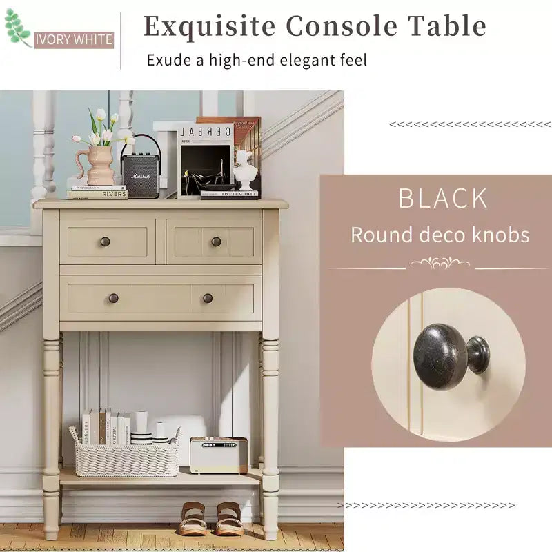 Table console en bois massif avec tiroirs de rangement et étagère inférieure