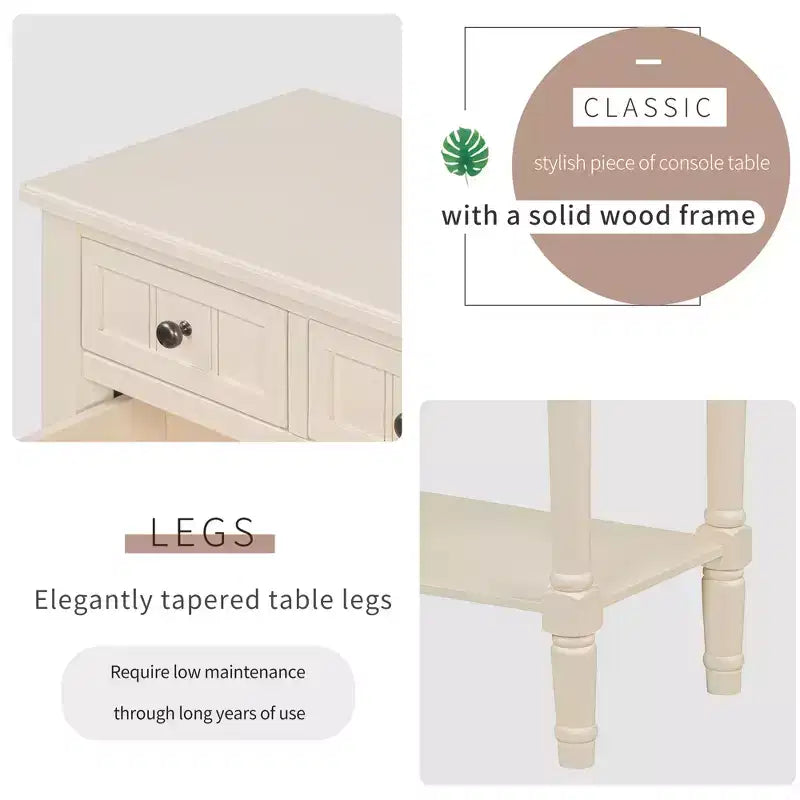 Table console en bois massif avec tiroirs de rangement et étagère inférieure