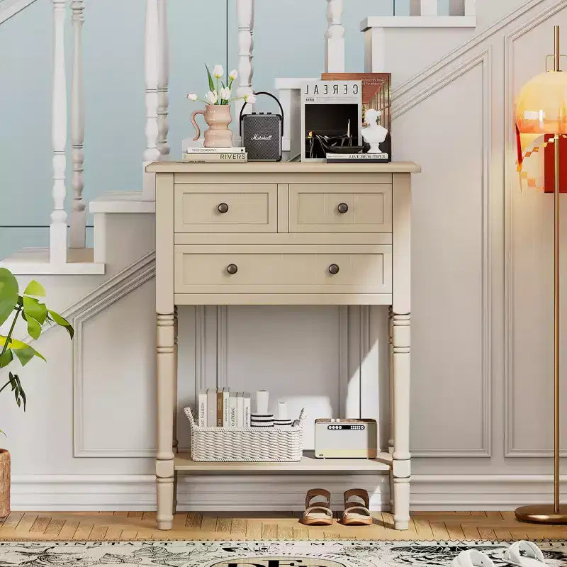 GDFStudio Juliana Solid Wood Console Table with Storage Drawers and Bottom Shelf