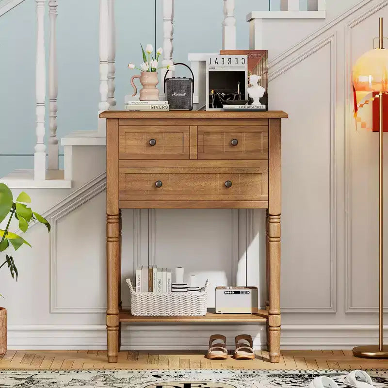Mesa consola de madera maciza con cajones de almacenamiento y estante inferior