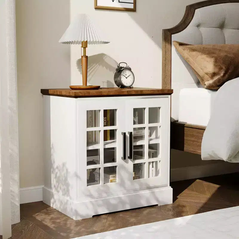 Table d’appoint moderne 24, table de chevet en bois avec porte vitrée, table d’appoint décorative pour canapé avec étagère réglable, table de chevet étroite pour petits espaces