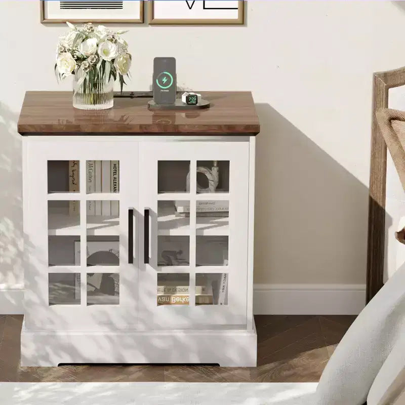 Mesa auxiliar moderna de 24, mesita de noche de madera para dormitorio con puerta de vidrio, mesa auxiliar decorativa para sofá con estante ajustable, mesa estrecha de noche para espacios pequeños