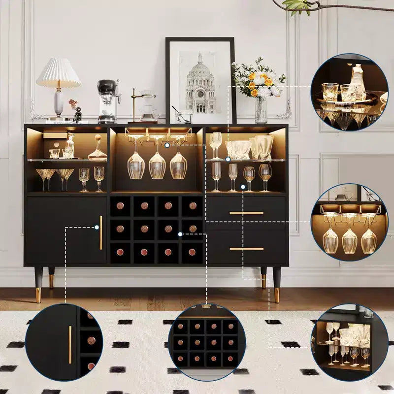 Meuble bar à vin de 47in, buffet moderne en bois pour cuisine, bar à liqueurs et à café avec casiers à vin, pour le salon