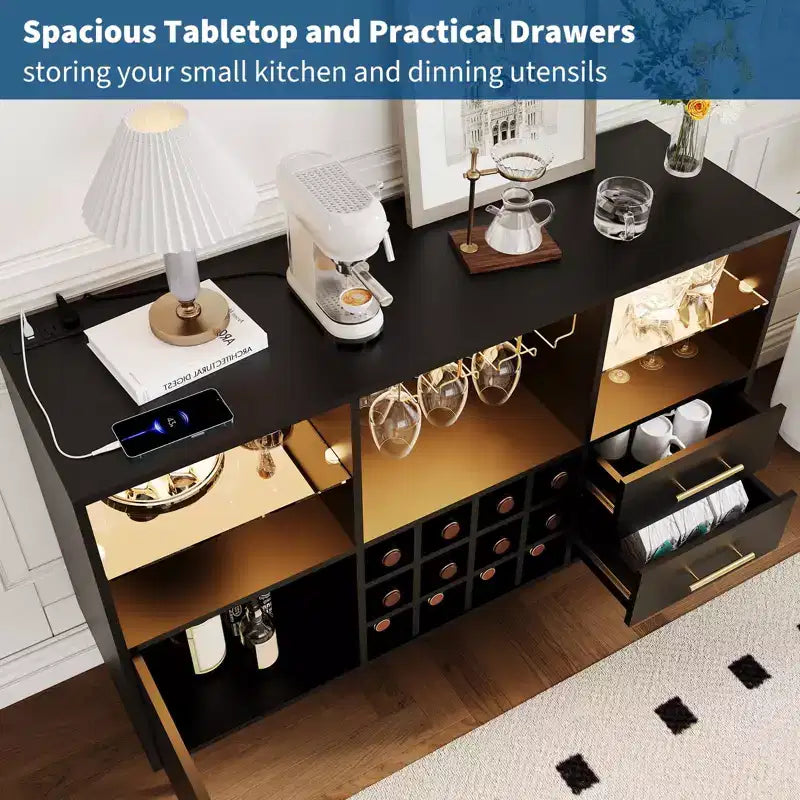 Gabinete bar para vinos de 47in, aparador moderno de cocina de madera con bar para bebidas y café y botelleros, para sala de estar