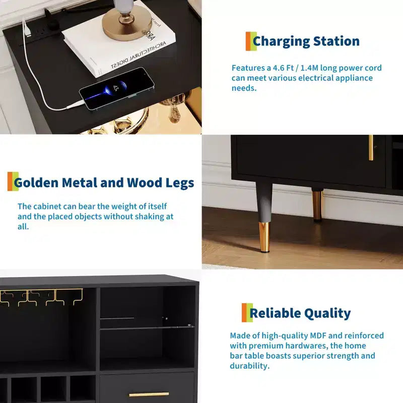 Gabinete bar para vinos de 47in, aparador moderno de cocina de madera con bar para bebidas y café y botelleros, para sala de estar
