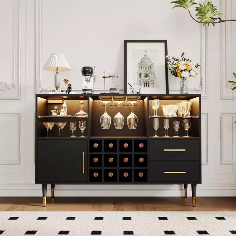 Gabinete bar para vinos de 47in, aparador moderno de cocina de madera con bar para bebidas y café y botelleros, para sala de estar