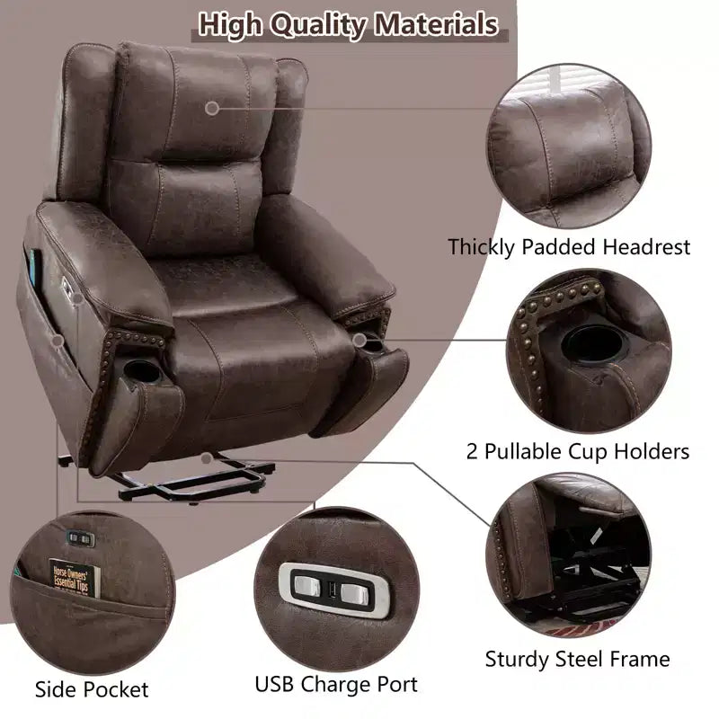 Massagesessel mit Aufstehhilfe, Wärme- und Vibrationsfunktion, gepolsterter Relaxsessel mit Getränkehalter, Seitentasche und USB-Anschluss für das Wohnzimmer