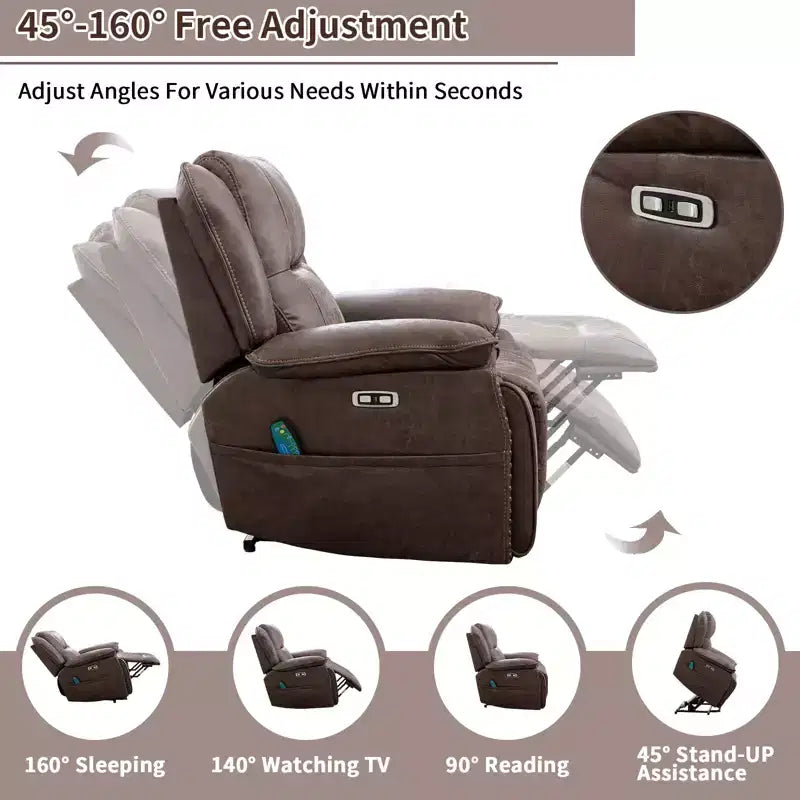Fauteuil inclinable releveur de massage avec chaleur et vibrations, fauteuil rembourré inclinable avec porte-gobelet, poche de rangement et port USB pour le salon