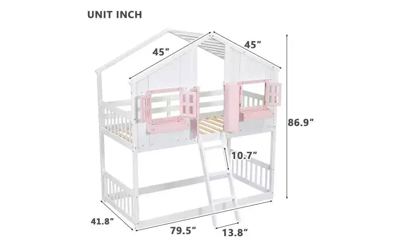 Litera de dos camas individuales con diseño de casita, techo y ventana, con diseño de seguridad de poca altura