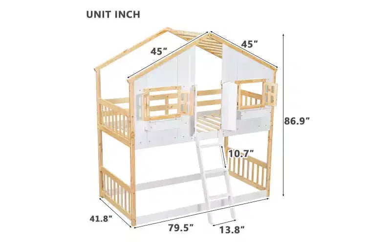 Litera de dos camas individuales con diseño de casita, techo y ventana, con diseño de seguridad de poca altura
