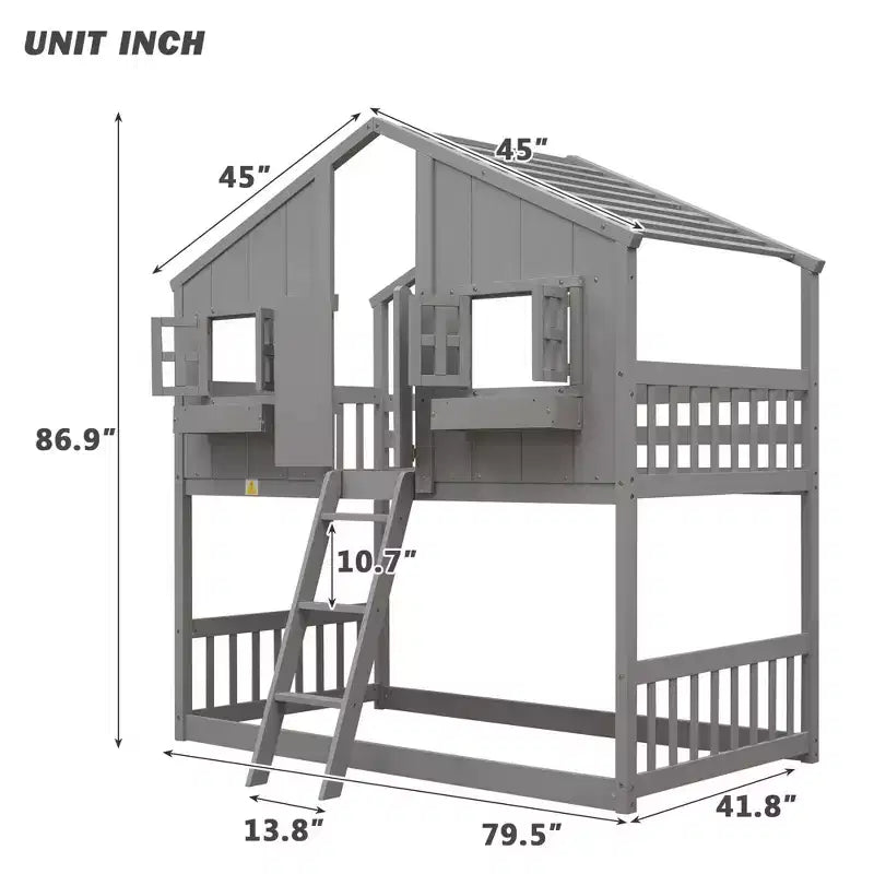 Lit superposé maison à deux places, avec toit et fenêtre, conception basse sécuritaire