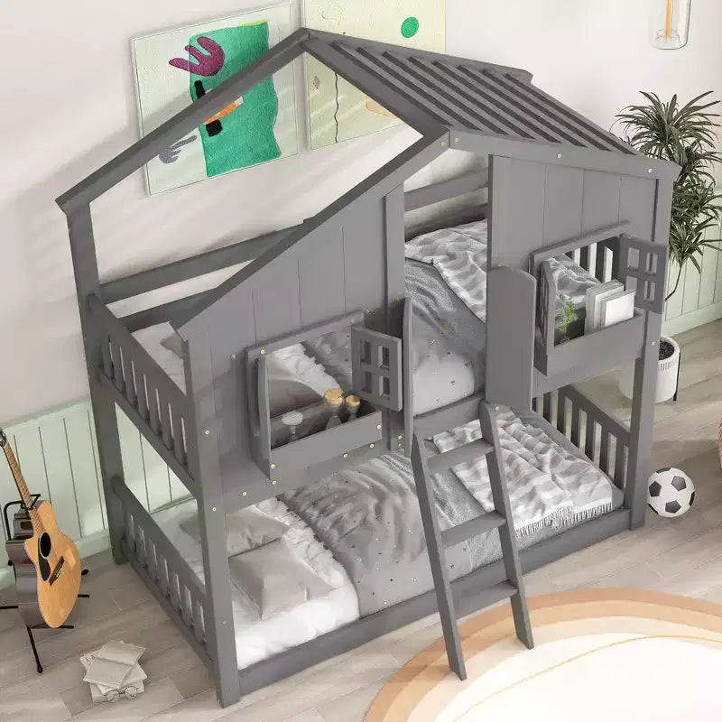 Lit superposé maison à deux places, avec toit et fenêtre, conception basse sécuritaire
