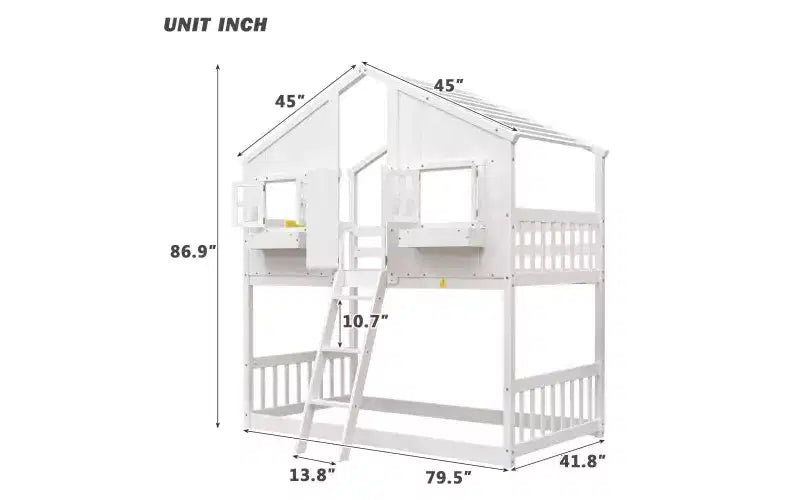 Litera de dos camas individuales con diseño de casita, techo y ventana, con diseño de seguridad de poca altura
