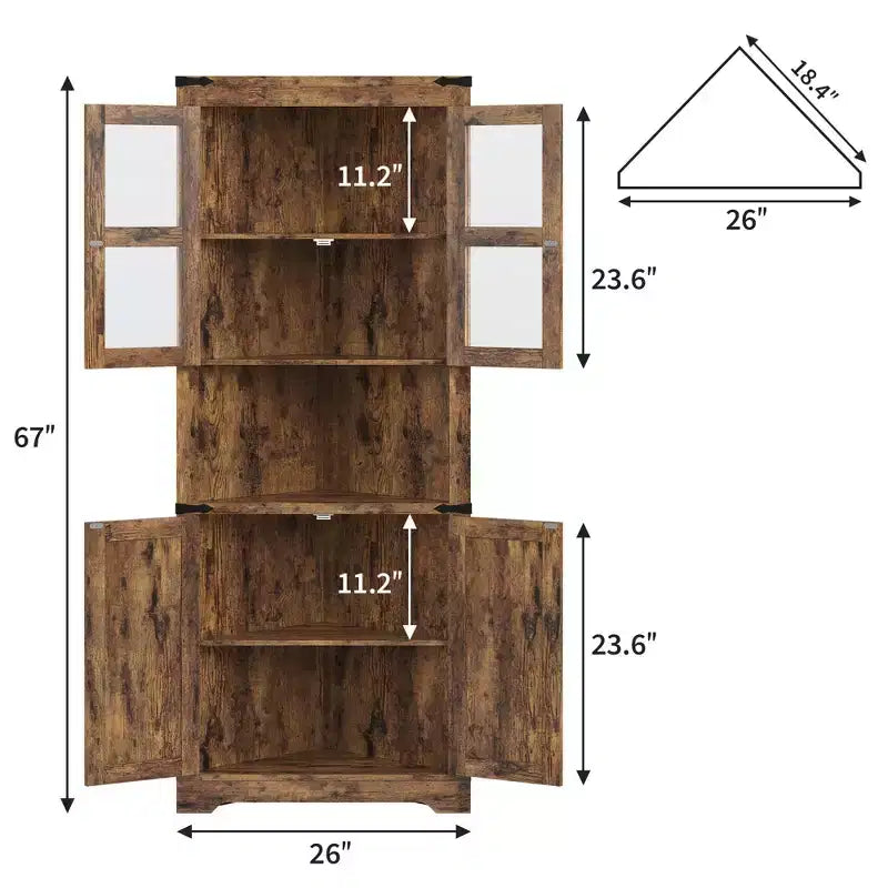 Hoher Landhaus-Eckschrank, 66.9, mit Glastür und verstellbaren Einlegeböden, ideal für Wohnzimmer, Küche und Badezimmer