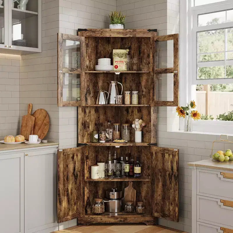 Hoher Landhaus-Eckschrank, 66.9, mit Glastür und verstellbaren Einlegeböden, ideal für Wohnzimmer, Küche und Badezimmer