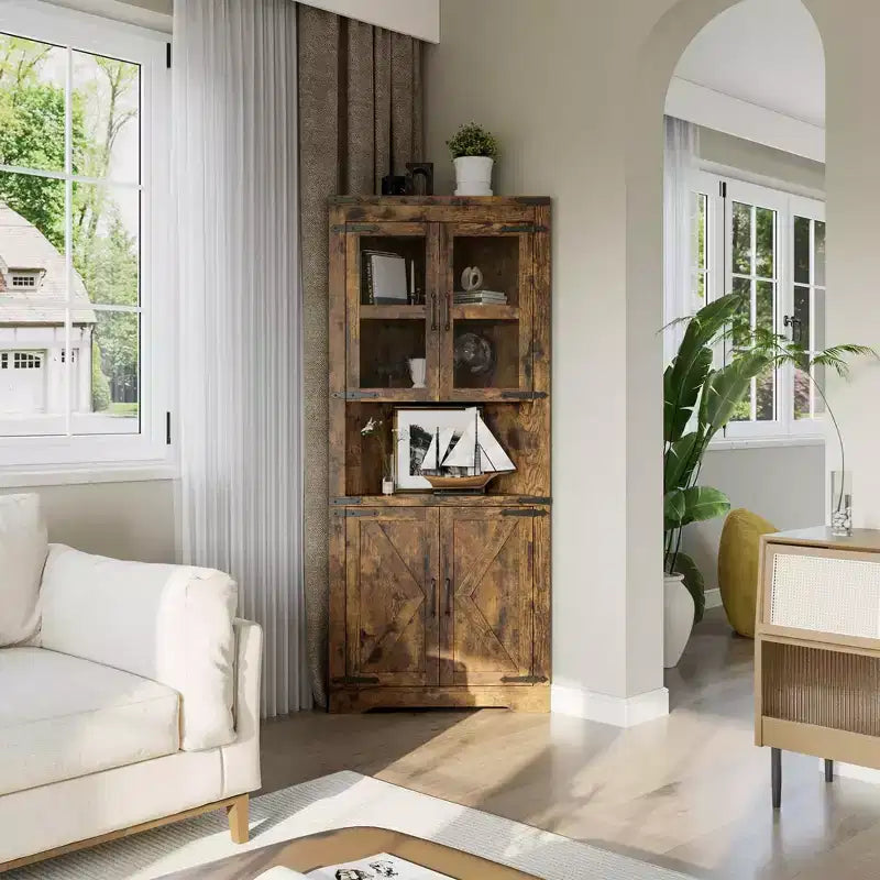 Hoher Landhaus-Eckschrank, 66.9, mit Glastür und verstellbaren Einlegeböden, ideal für Wohnzimmer, Küche und Badezimmer