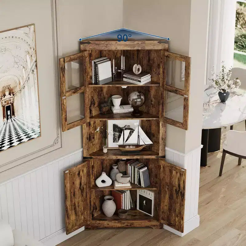 Hoher Landhaus-Eckschrank, 66.9, mit Glastür und verstellbaren Einlegeböden, ideal für Wohnzimmer, Küche und Badezimmer