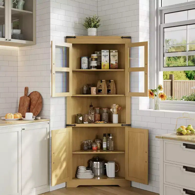 Hoher Landhaus-Eckschrank, 66.9, mit Glastür und verstellbaren Einlegeböden, ideal für Wohnzimmer, Küche und Badezimmer