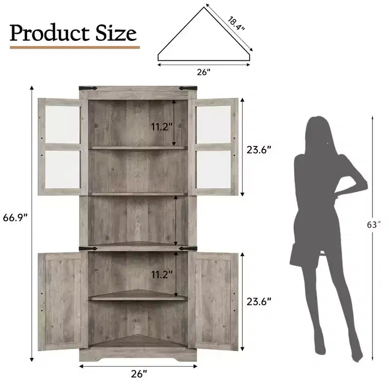 Hoher Landhaus-Eckschrank, 66.9, mit Glastür und verstellbaren Einlegeböden, ideal für Wohnzimmer, Küche und Badezimmer