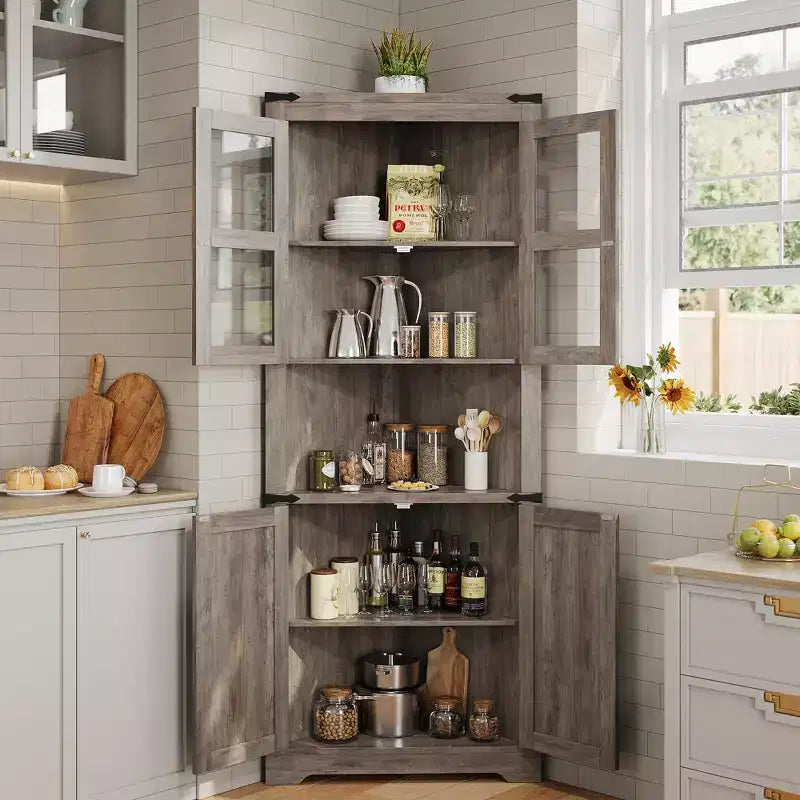 Hoher Landhaus-Eckschrank, 66.9, mit Glastür und verstellbaren Einlegeböden, ideal für Wohnzimmer, Küche und Badezimmer