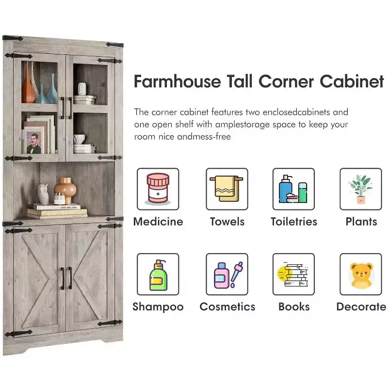 Hoher Landhaus-Eckschrank, 66.9, mit Glastür und verstellbaren Einlegeböden, ideal für Wohnzimmer, Küche und Badezimmer