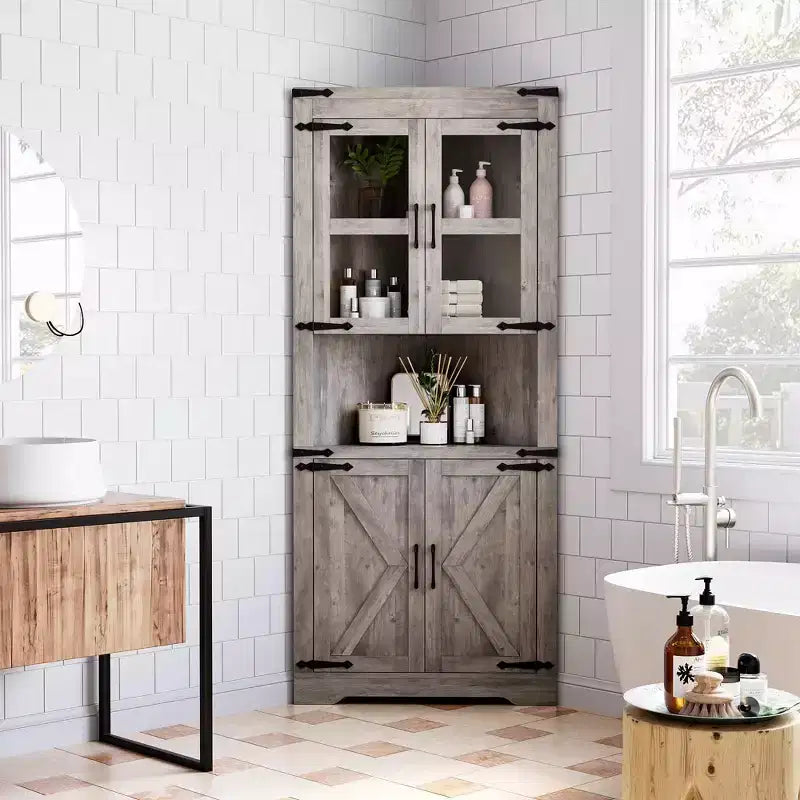 Hoher Landhaus-Eckschrank, 66.9, mit Glastür und verstellbaren Einlegeböden, ideal für Wohnzimmer, Küche und Badezimmer