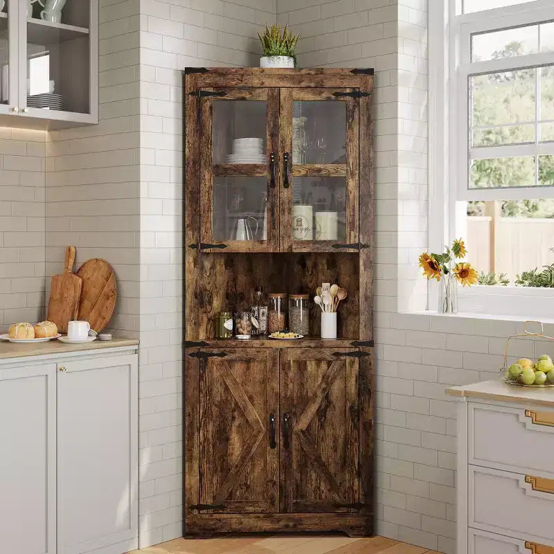 Hoher Landhaus-Eckschrank, 66.9, mit Glastür und verstellbaren Einlegeböden, ideal für Wohnzimmer, Küche und Badezimmer