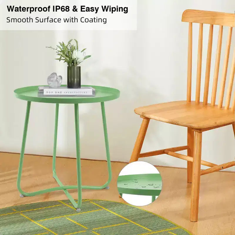 Petite table d’appoint ronde en métal pour l’extérieur, table résistante aux intempéries pour terrasse, jardin, cour, porche et balcon, vert