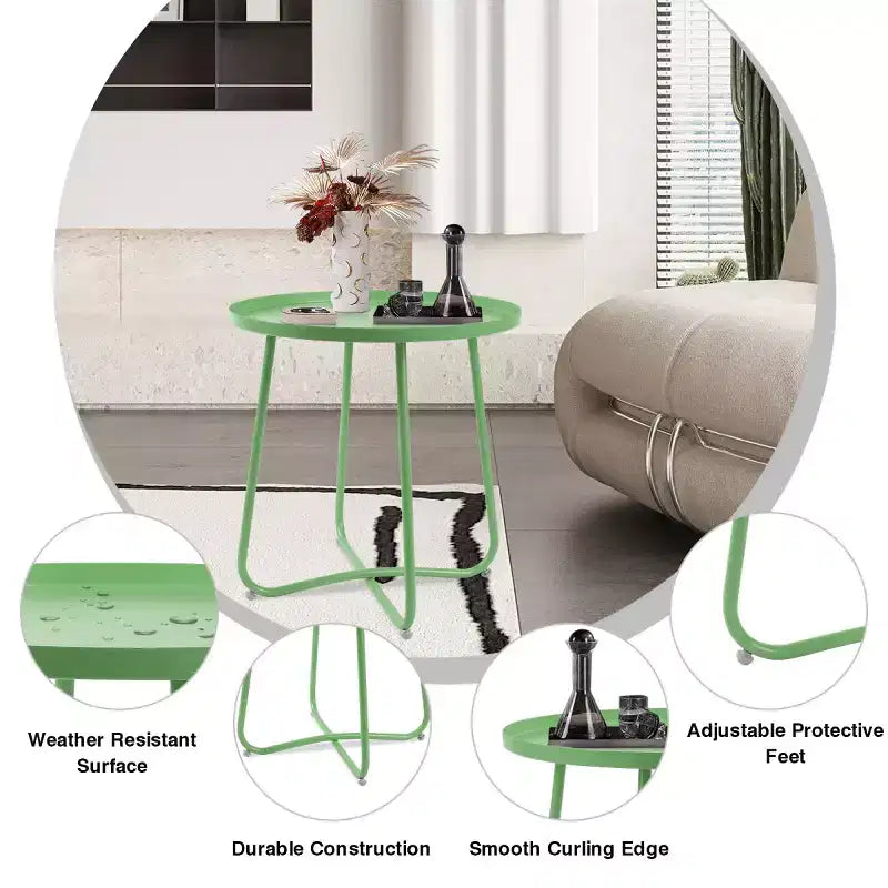 Mesita auxiliar redonda pequeña de metal para exteriores, resistente a la intemperie, para patio, jardín, jardín, porche y balcón, verde