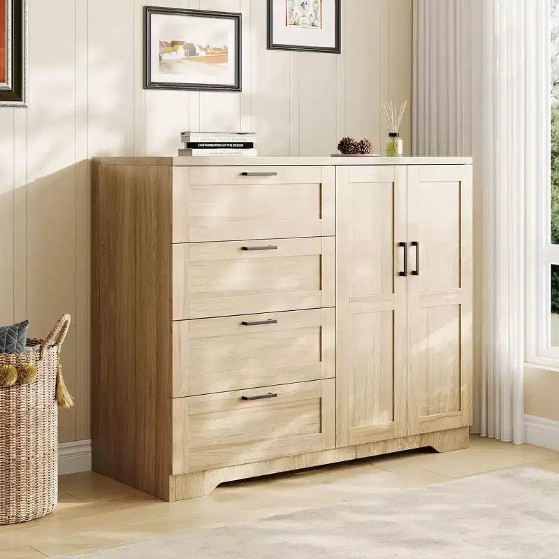 Armoire basse de 43.3 avec tringle et 4 tiroirs de rangement, meuble de rangement autoportant en bois à 2 portes pour chambre