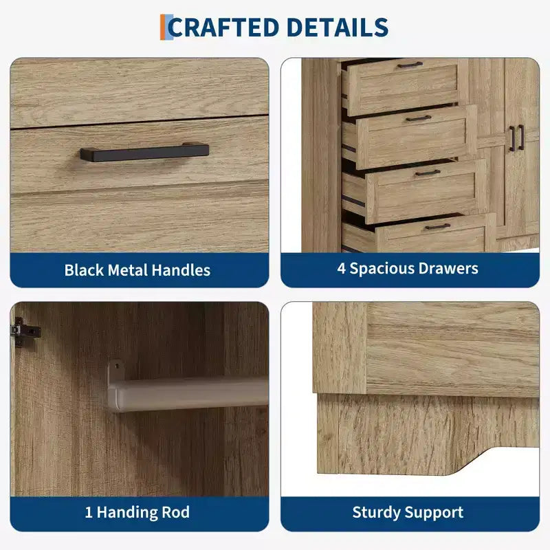 Armoire basse de 43.3 avec tringle et 4 tiroirs de rangement, meuble de rangement autoportant en bois à 2 portes pour chambre