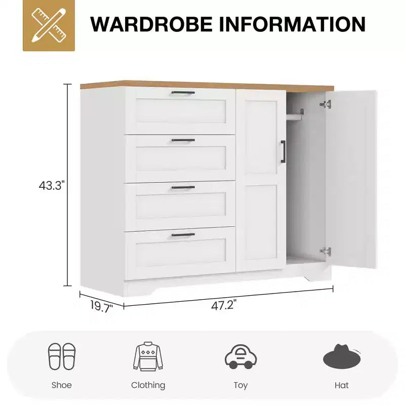 Armoire basse de 43.3 avec tringle et 4 tiroirs de rangement, meuble de rangement autoportant en bois à 2 portes pour chambre