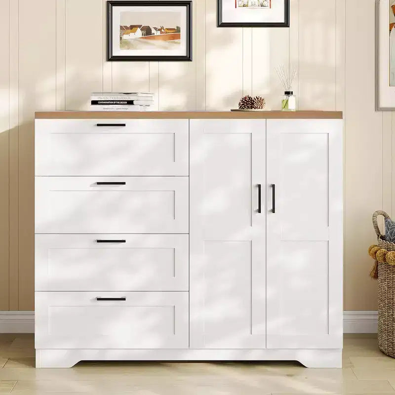 Armoire basse de 43.3 avec tringle et 4 tiroirs de rangement, meuble de rangement autoportant en bois à 2 portes pour chambre
